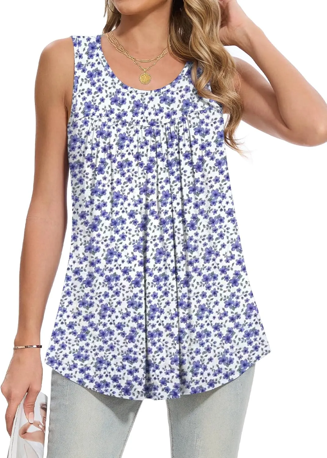 Women Tank Tops 2025 Summer Sleeveless Top Pleated Round Neck Flowy Shirts M-3X