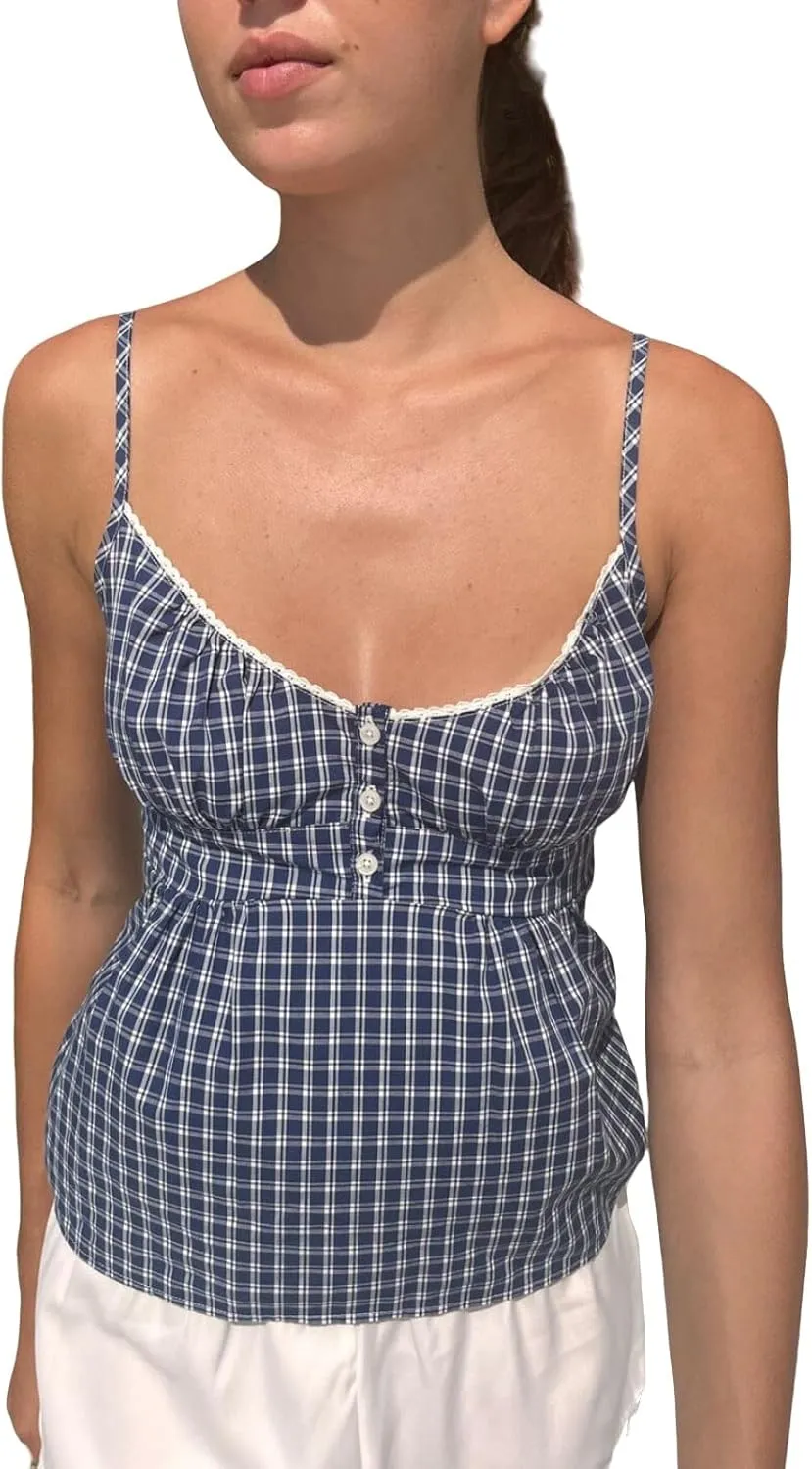 Women Vintage Peplum Tank Tops Spaghetti Straps Lace Trim Y2k Camisole Fairy Grunge Cami Shirts Aesthetic Clothes