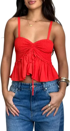 Women Y2K Babydoll Peplum Cami Shirt Spaghetti Strap V Neck Ruffle Hem Camisole Sleeveless Summer Going Out Tops