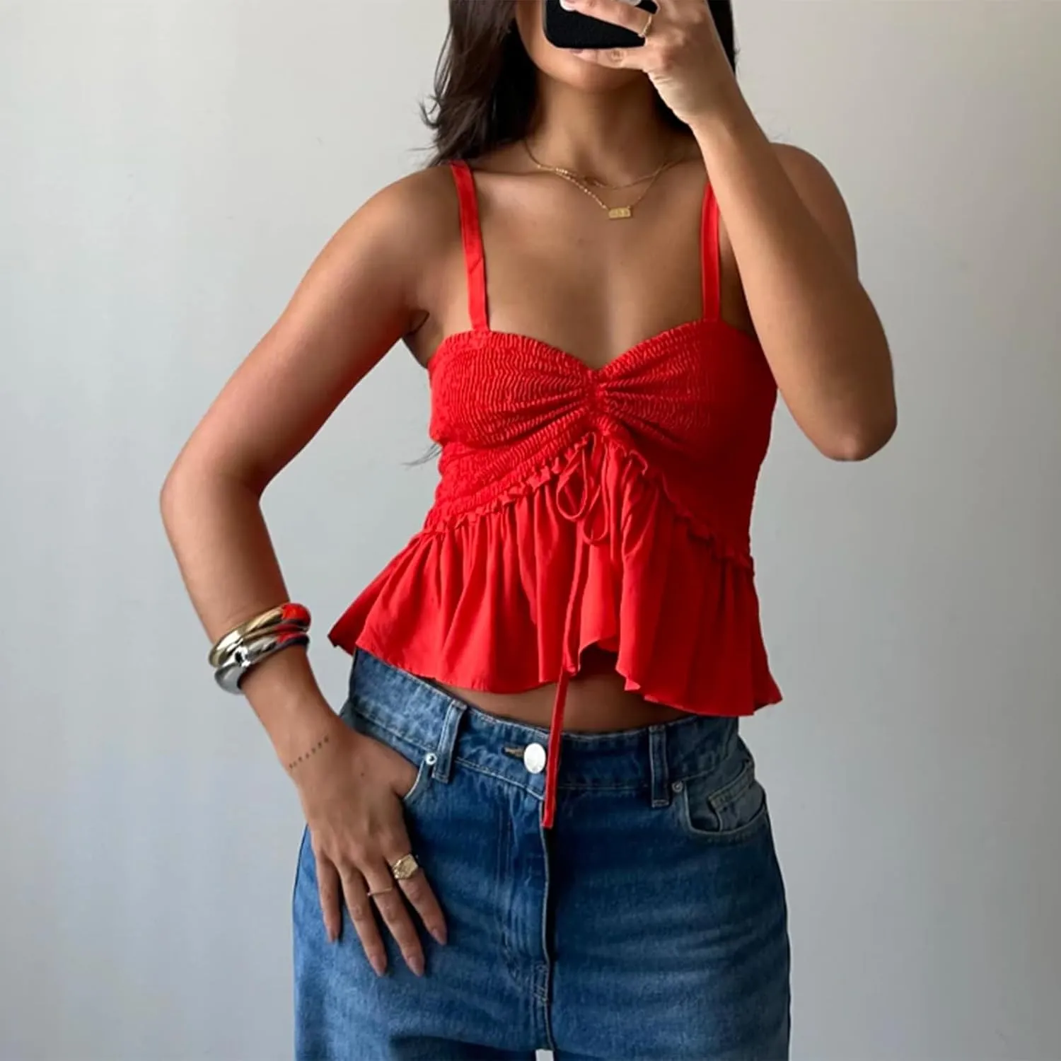 Women Y2K Babydoll Peplum Cami Shirt Spaghetti Strap V Neck Ruffle Hem Camisole Sleeveless Summer Going Out Tops