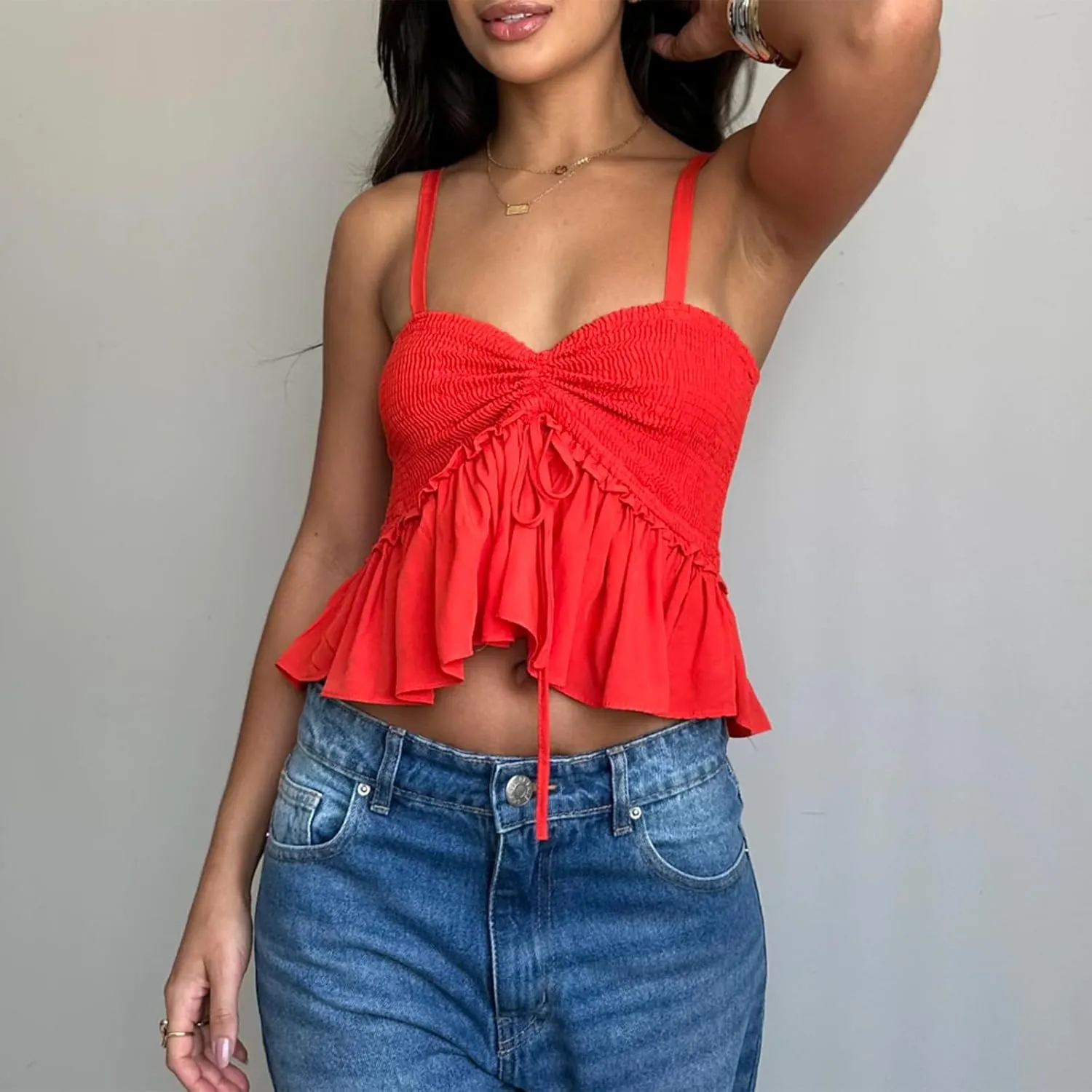 Women Y2K Babydoll Peplum Cami Shirt Spaghetti Strap V Neck Ruffle Hem Camisole Sleeveless Summer Going Out Tops