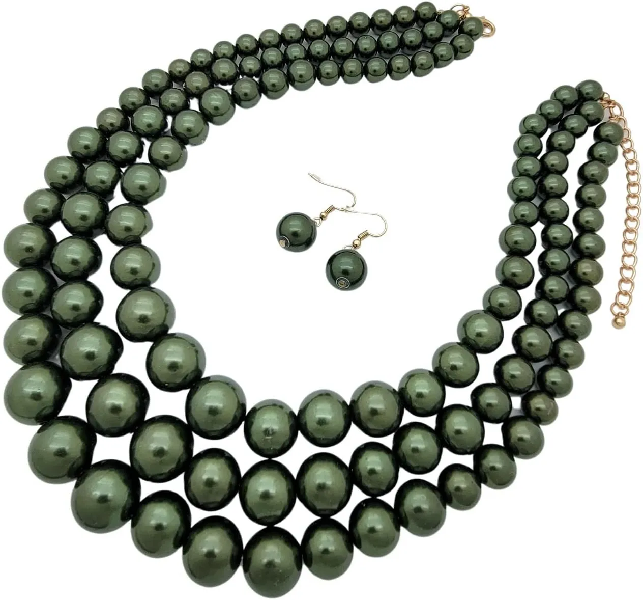Women's Faux Pearl Three Multi-Strand Statement Necklace and Earrings Set