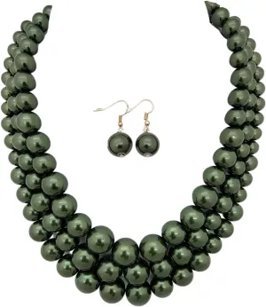 Women's Faux Pearl Three Multi-Strand Statement Necklace and Earrings Set