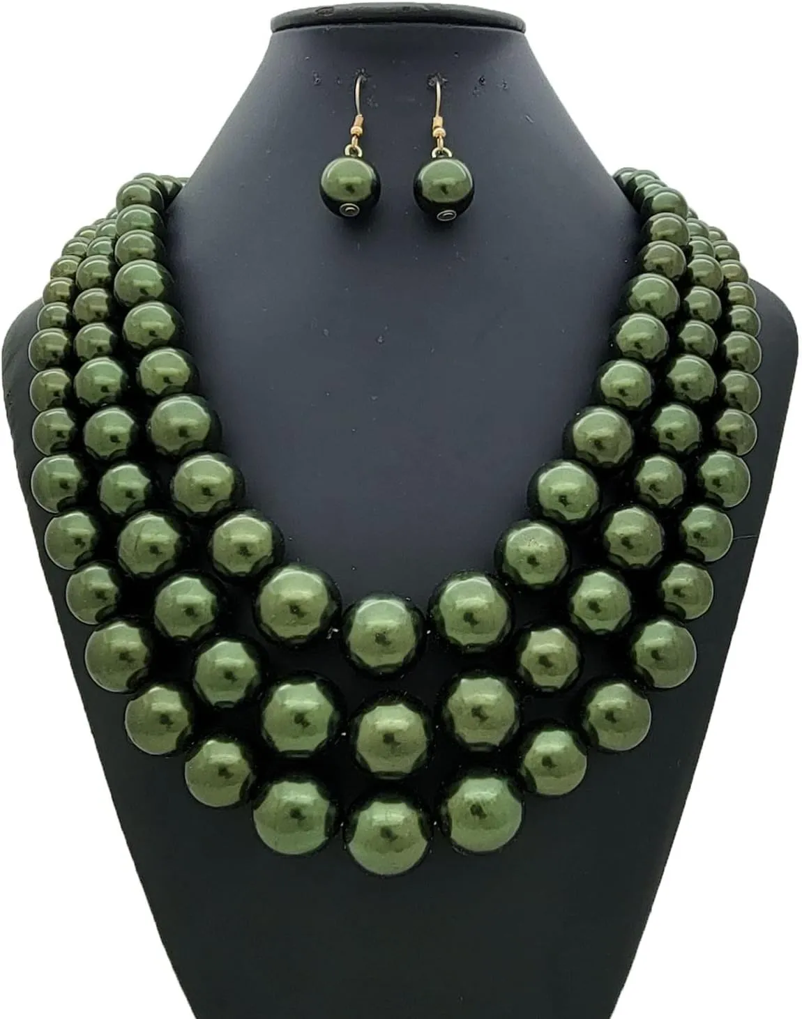 Women's Faux Pearl Three Multi-Strand Statement Necklace and Earrings Set
