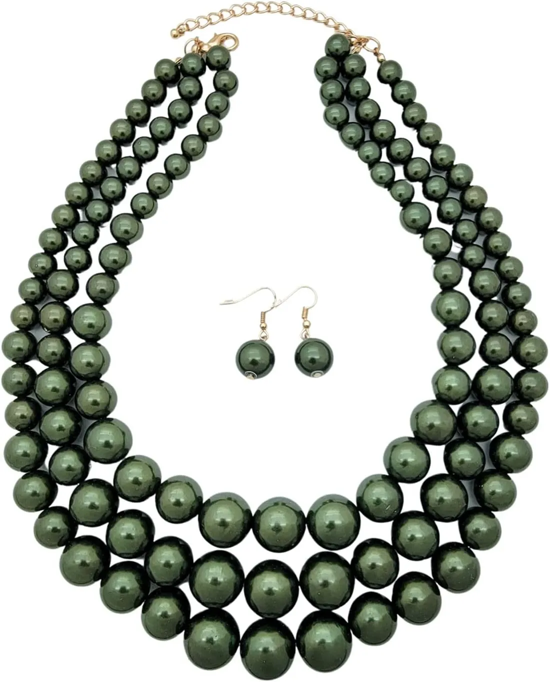 Women's Faux Pearl Three Multi-Strand Statement Necklace and Earrings Set