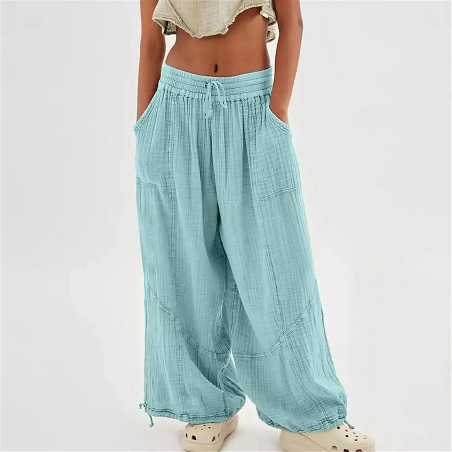 Womens Harem Pants Summer Casual Vintage Cotton Linen Pants Elastic Waist Wide Leg Fashion Loose Pockets Female Trousers