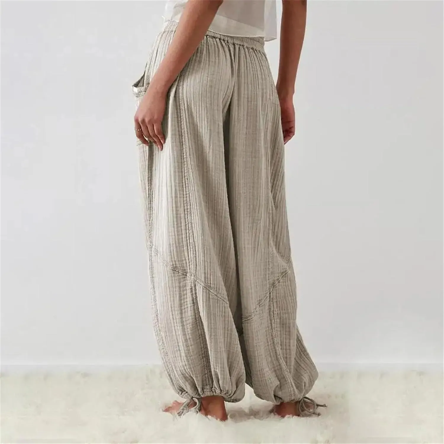 Womens Harem Pants Summer Casual Vintage Cotton Linen Pants Elastic Waist Wide Leg Fashion Loose Pockets Female Trousers