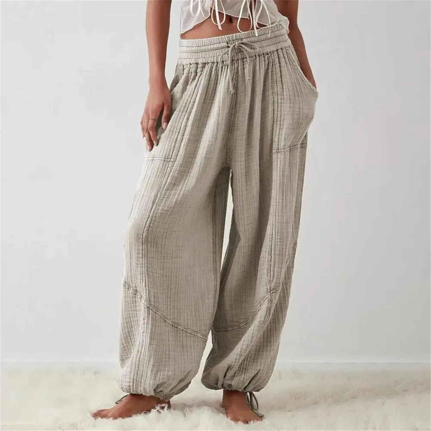 Womens Harem Pants Summer Casual Vintage Cotton Linen Pants Elastic Waist Wide Leg Fashion Loose Pockets Female Trousers