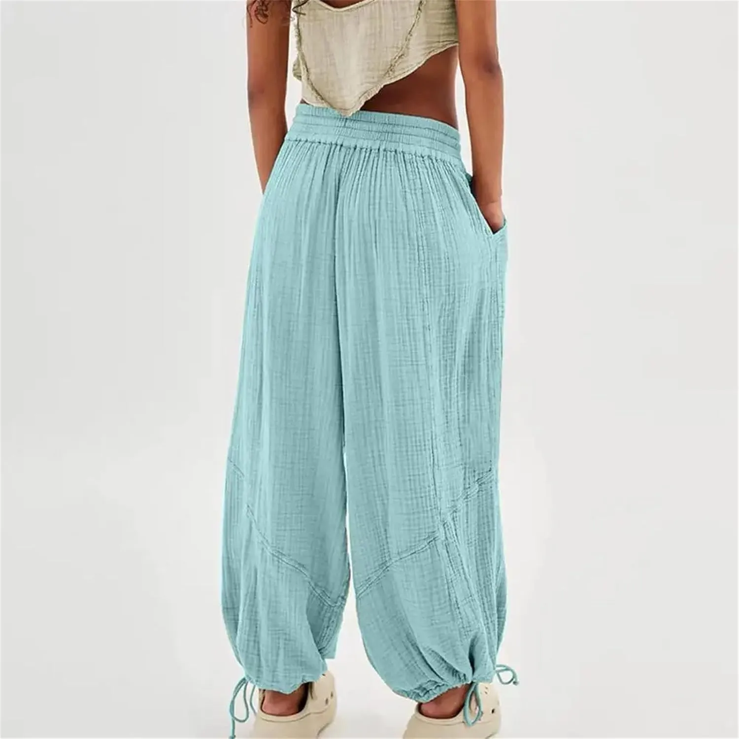 Womens Harem Pants Summer Casual Vintage Cotton Linen Pants Elastic Waist Wide Leg Fashion Loose Pockets Female Trousers