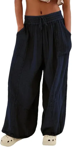 Womens Harem Pants Summer Casual Vintage Cotton Linen Pants Elastic Waist Wide Leg Fashion Loose Pockets Female Trousers