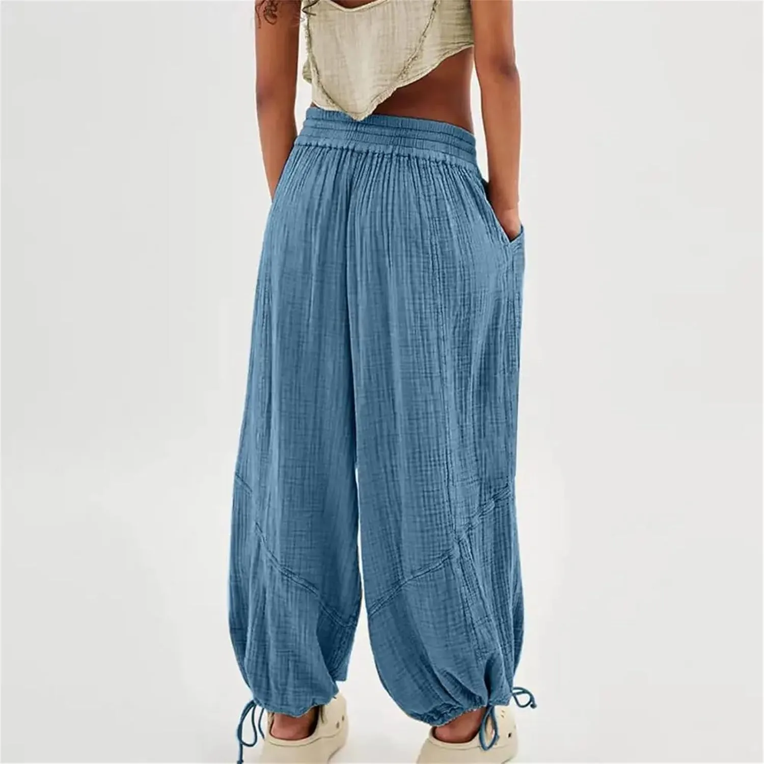 Womens Harem Pants Summer Casual Vintage Cotton Linen Pants Elastic Waist Wide Leg Fashion Loose Pockets Female Trousers