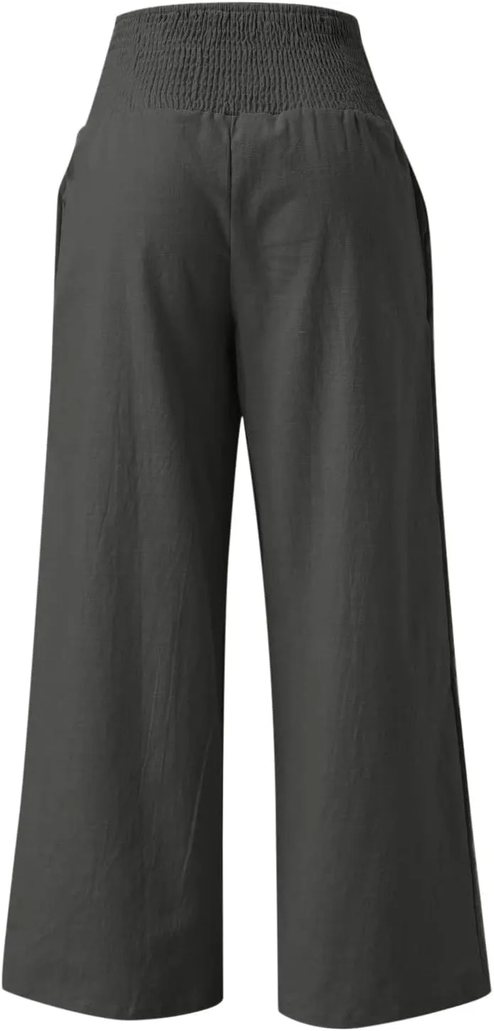 Womens Linen Pants 2025 Summer Casual Loose Wide Leg Palazzo Pants Smocked High Waist Flowy Beach Trousers Outfits