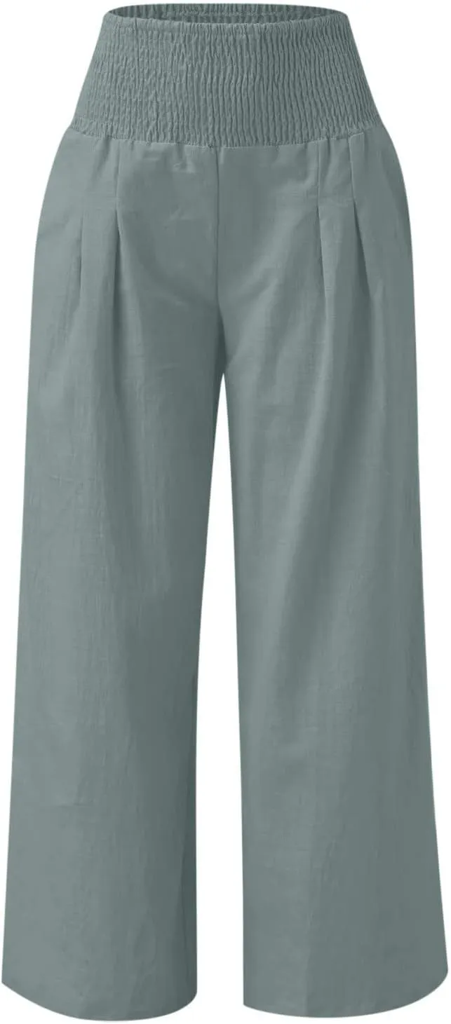 Womens Linen Pants 2025 Summer Casual Loose Wide Leg Palazzo Pants Smocked High Waist Flowy Beach Trousers Outfits