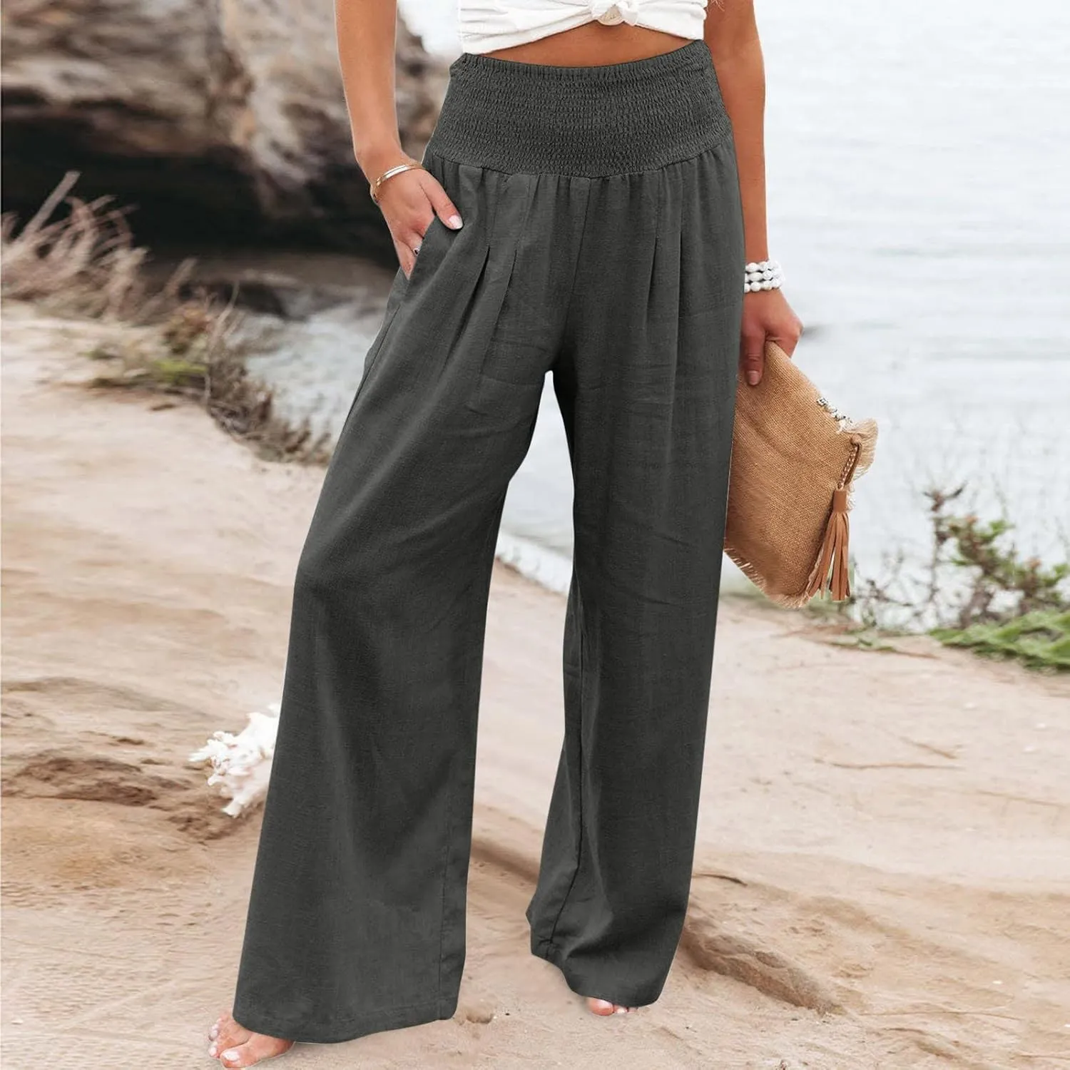 Womens Linen Pants 2025 Summer Casual Loose Wide Leg Palazzo Pants Smocked High Waist Flowy Beach Trousers Outfits