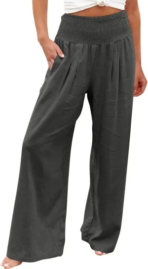Womens Linen Pants 2025 Summer Casual Loose Wide Leg Palazzo Pants Smocked High Waist Flowy Beach Trousers Outfits