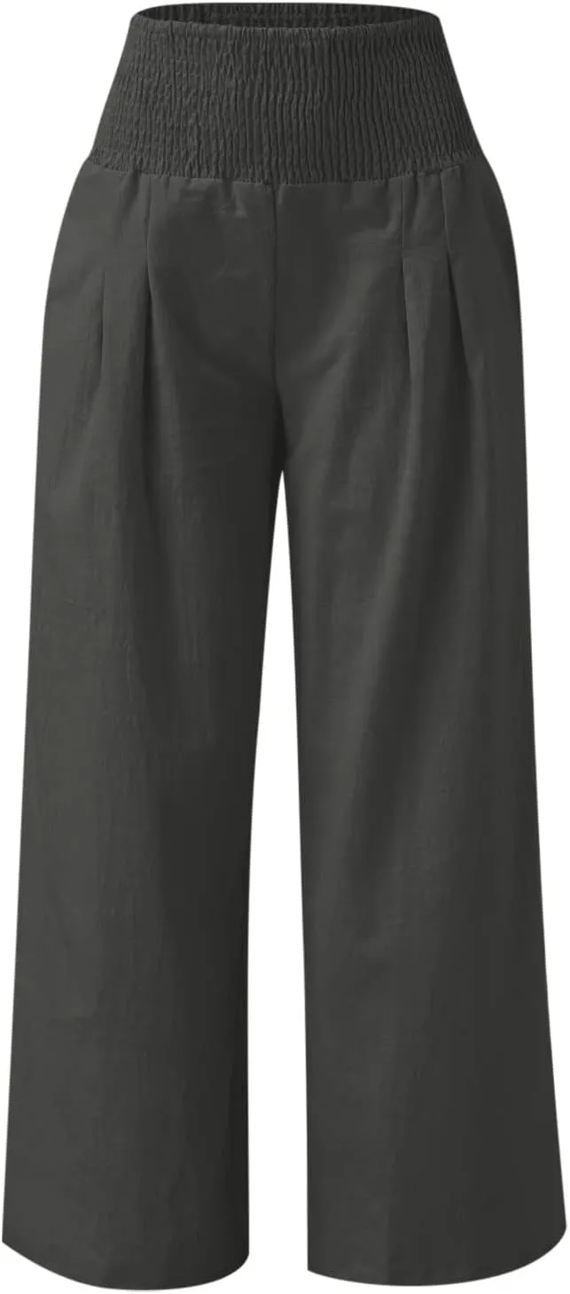 Womens Linen Pants 2025 Summer Casual Loose Wide Leg Palazzo Pants Smocked High Waist Flowy Beach Trousers Outfits