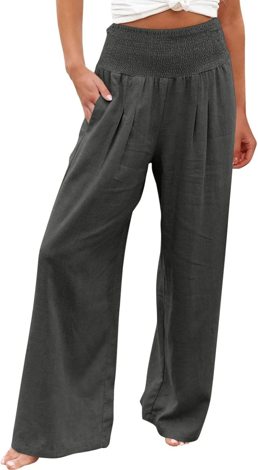 Womens Linen Pants 2025 Summer Casual Loose Wide Leg Palazzo Pants Smocked High Waist Flowy Beach Trousers Outfits