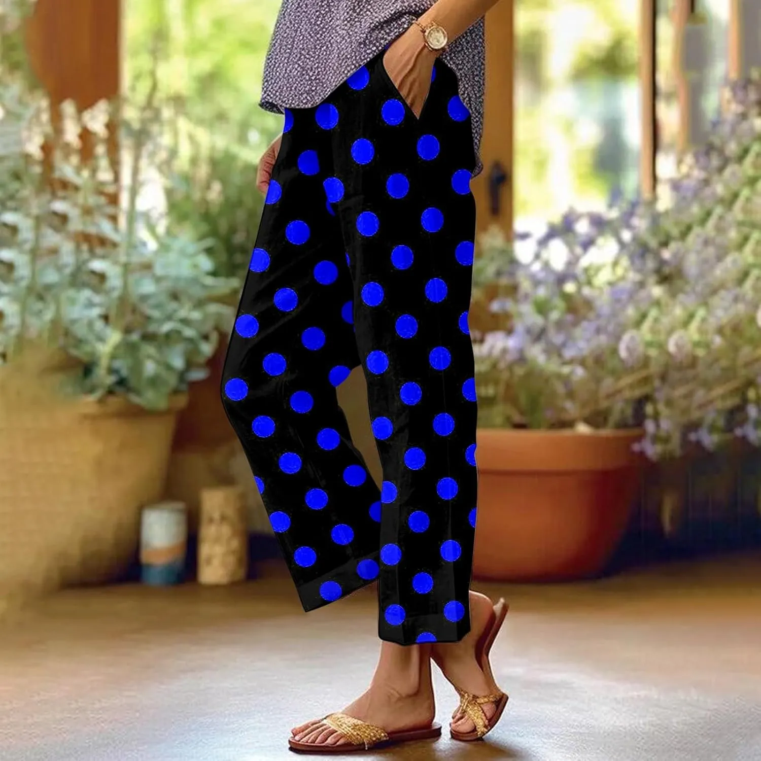 Womens Linen Pants Wide Leg Elastic High Waisted Palazzo Pants 2025 Summer Boho Floral Flowy Beach Trousers with Pockets