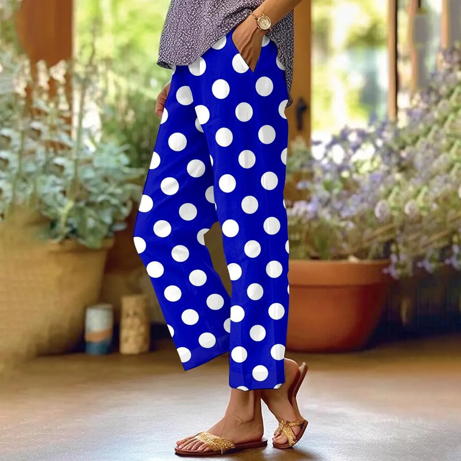 Womens Linen Pants Wide Leg Elastic High Waisted Palazzo Pants 2025 Summer Boho Floral Flowy Beach Trousers with Pockets