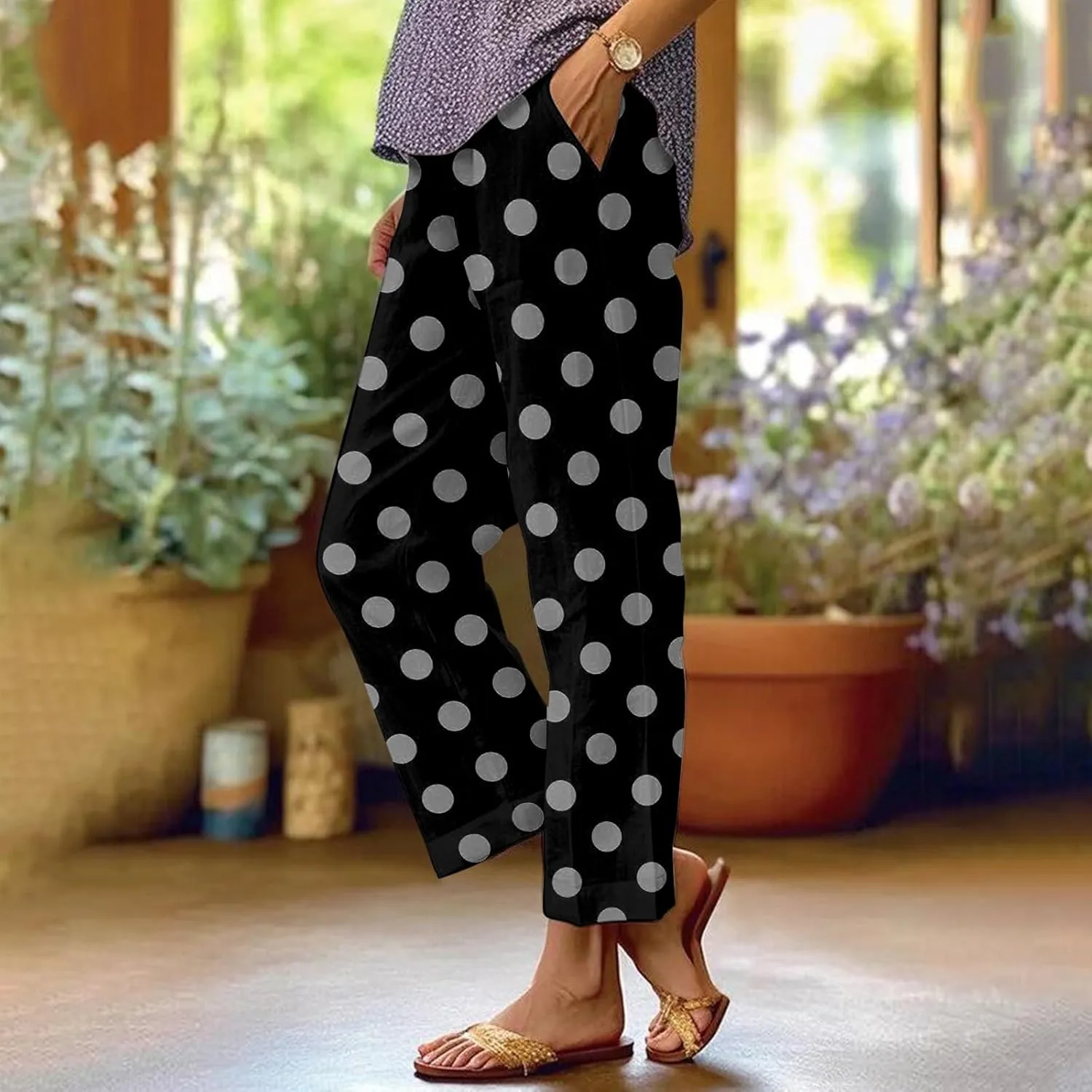 Womens Linen Pants Wide Leg Elastic High Waisted Palazzo Pants 2025 Summer Boho Floral Flowy Beach Trousers with Pockets