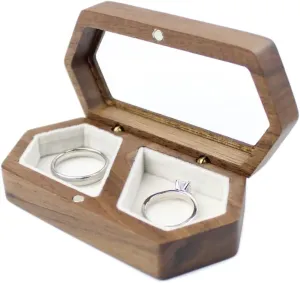 Wooden Ring Box Transparent Lid Couple Rings Box for Engagement Wedding Box Two Slots White Velvet Small Jewelry Box for Stud Earrings Bracelet Necklace