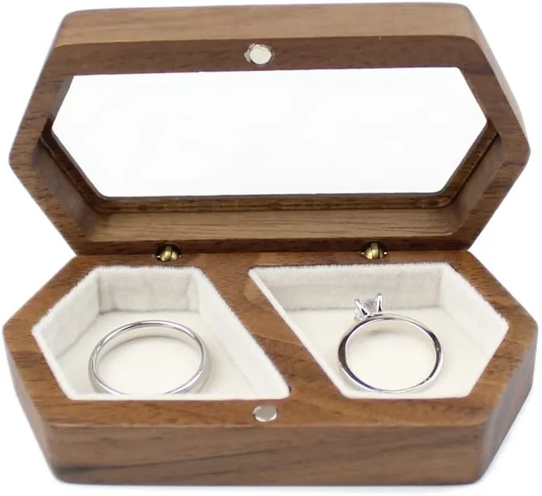 Wooden Ring Box Transparent Lid Couple Rings Box for Engagement Wedding Box Two Slots White Velvet Small Jewelry Box for Stud Earrings Bracelet Necklace