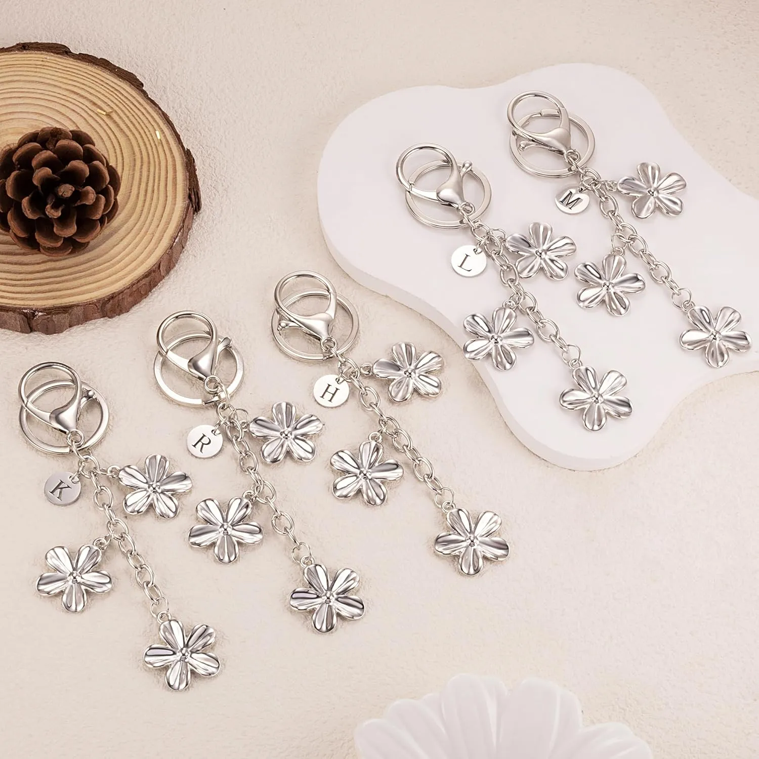 XGALBLA Gold/Silver Initial Keychain Flower Charms for Key Cute Letter Keyring for Purse Handbag Backpack