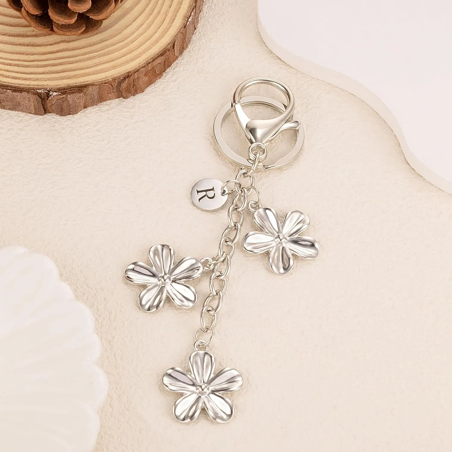 XGALBLA Gold/Silver Initial Keychain Flower Charms for Key Cute Letter Keyring for Purse Handbag Backpack