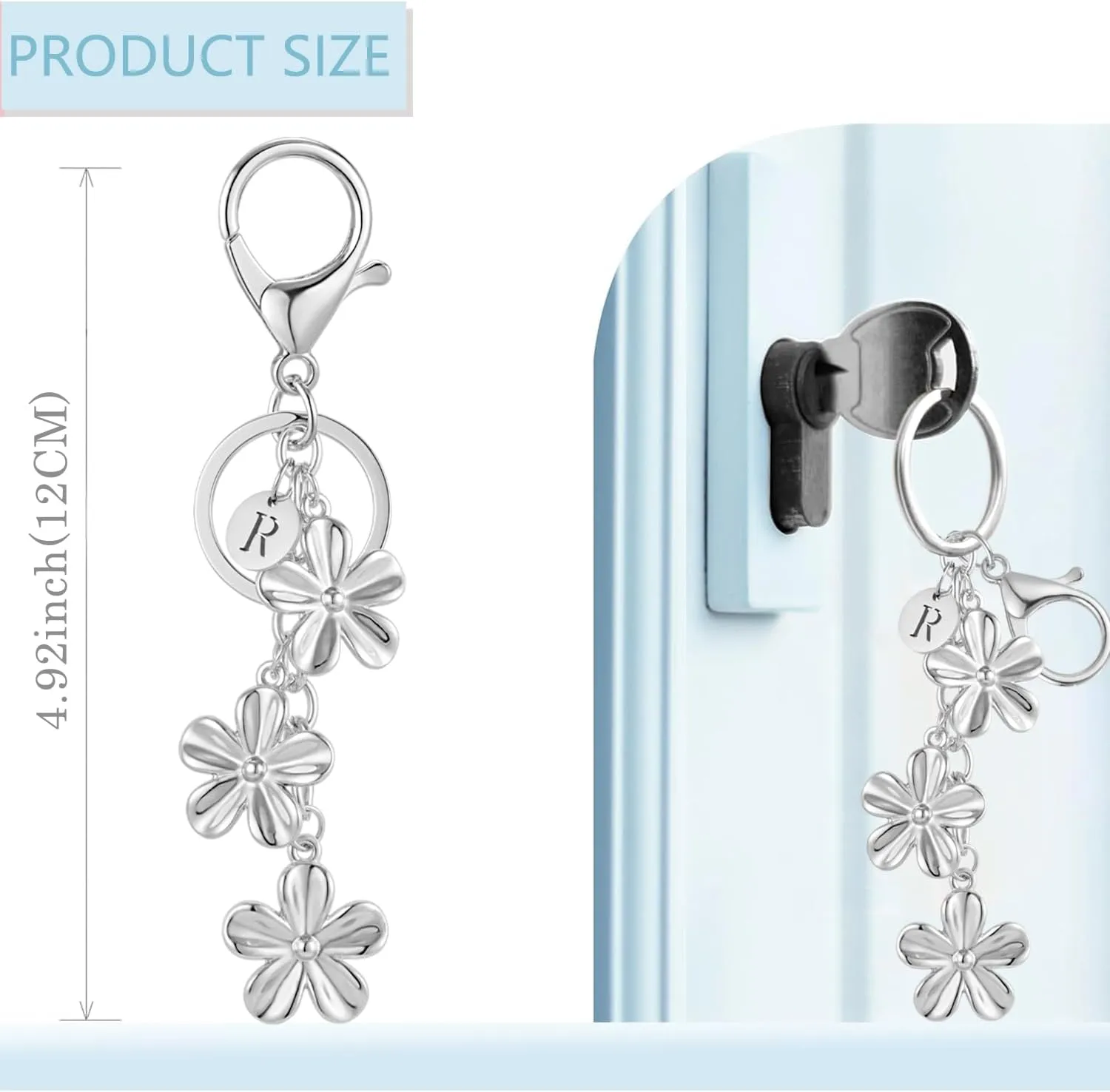 XGALBLA Gold/Silver Initial Keychain Flower Charms for Key Cute Letter Keyring for Purse Handbag Backpack