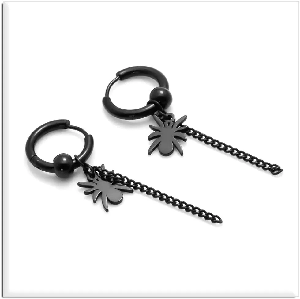 Xusamss Punk Jewelry Stainless Steel Huggie Hinged Earrings Spider Long Chain Dangle Earrings
