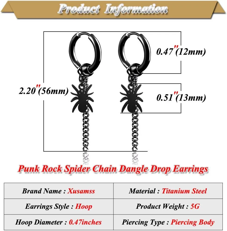Xusamss Punk Jewelry Stainless Steel Huggie Hinged Earrings Spider Long Chain Dangle Earrings