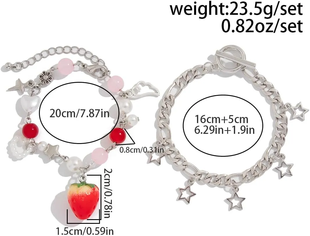 Y2K Punk Hollowed Out Pentagram Matching Beaded Bracelets Handmade Imitation Pearl Bowknot Star Pendant Bracelet Aesthetic Strawberry Pearl Beaded Chain Bracelet for Women Couple Grunge Jewelry