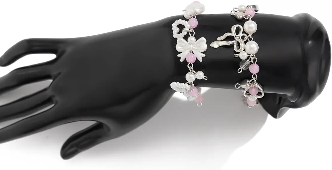 Y2K Punk Hollowed Out Pentagram Matching Beaded Bracelets Handmade Imitation Pearl Bowknot Star Pendant Bracelet Aesthetic Strawberry Pearl Beaded Chain Bracelet for Women Couple Grunge Jewelry