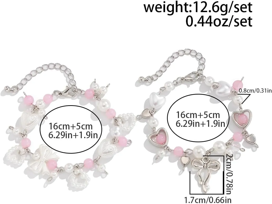 Y2K Punk Hollowed Out Pentagram Matching Beaded Bracelets Handmade Imitation Pearl Bowknot Star Pendant Bracelet Aesthetic Strawberry Pearl Beaded Chain Bracelet for Women Couple Grunge Jewelry
