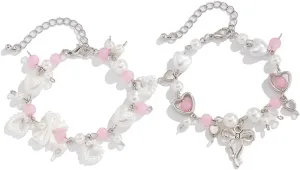 Y2K Punk Hollowed Out Pentagram Matching Beaded Bracelets Handmade Imitation Pearl Bowknot Star Pendant Bracelet Aesthetic Strawberry Pearl Beaded Chain Bracelet for Women Couple Grunge Jewelry