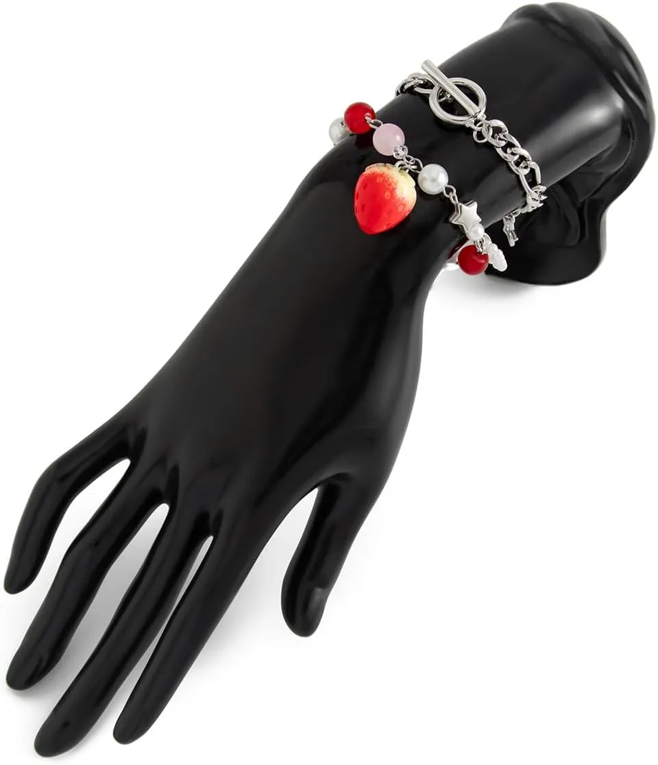 Y2K Punk Hollowed Out Pentagram Matching Beaded Bracelets Handmade Imitation Pearl Bowknot Star Pendant Bracelet Aesthetic Strawberry Pearl Beaded Chain Bracelet for Women Couple Grunge Jewelry