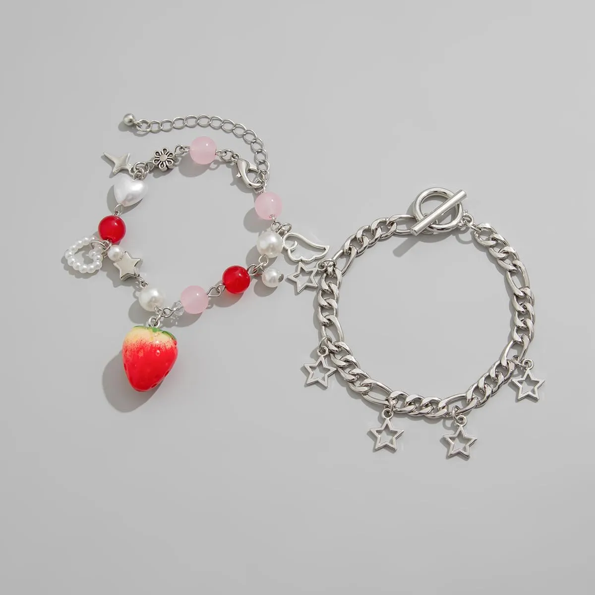 Y2K Punk Hollowed Out Pentagram Matching Beaded Bracelets Handmade Imitation Pearl Bowknot Star Pendant Bracelet Aesthetic Strawberry Pearl Beaded Chain Bracelet for Women Couple Grunge Jewelry