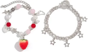 Y2K Punk Hollowed Out Pentagram Matching Beaded Bracelets Handmade Imitation Pearl Bowknot Star Pendant Bracelet Aesthetic Strawberry Pearl Beaded Chain Bracelet for Women Couple Grunge Jewelry