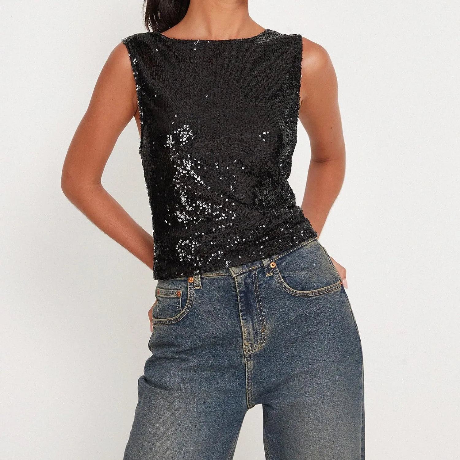 Y2k Sequin Tank Tops Women Sexy Sleeveless Bling Glitter Camisole Sparkly Slim Crop Cami Going Out Party Vest