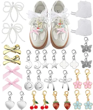 Yawlsow 30 Pcs Shoe Charms for Sneakers Junk Charm for Women with Ribbon Lace Shoelaces, Clips, Lobster Clasps, Pins, Bows, Pearl Charms Accessories Bulk for Bag Hat Fashion