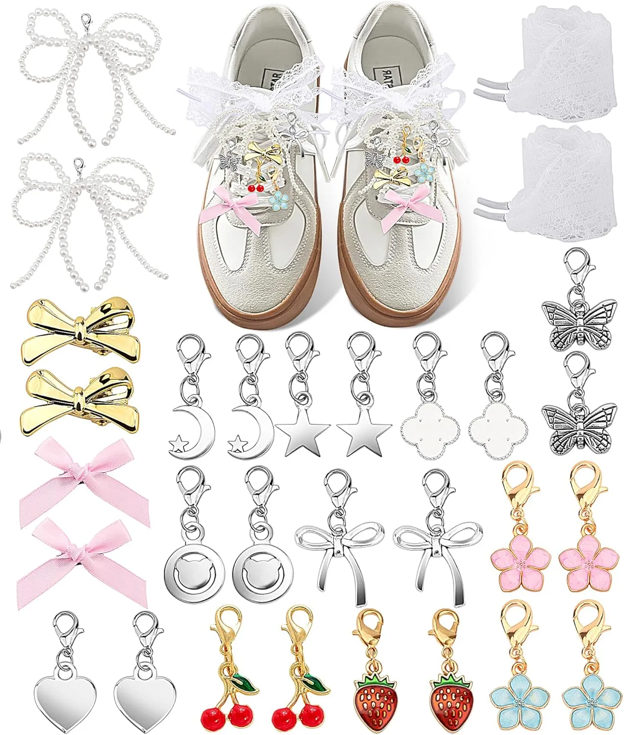 Yawlsow 30 Pcs Shoe Charms for Sneakers Junk Charm for Women with Ribbon Lace Shoelaces, Clips, Lobster Clasps, Pins, Bows, Pearl Charms Accessories Bulk for Bag Hat Fashion