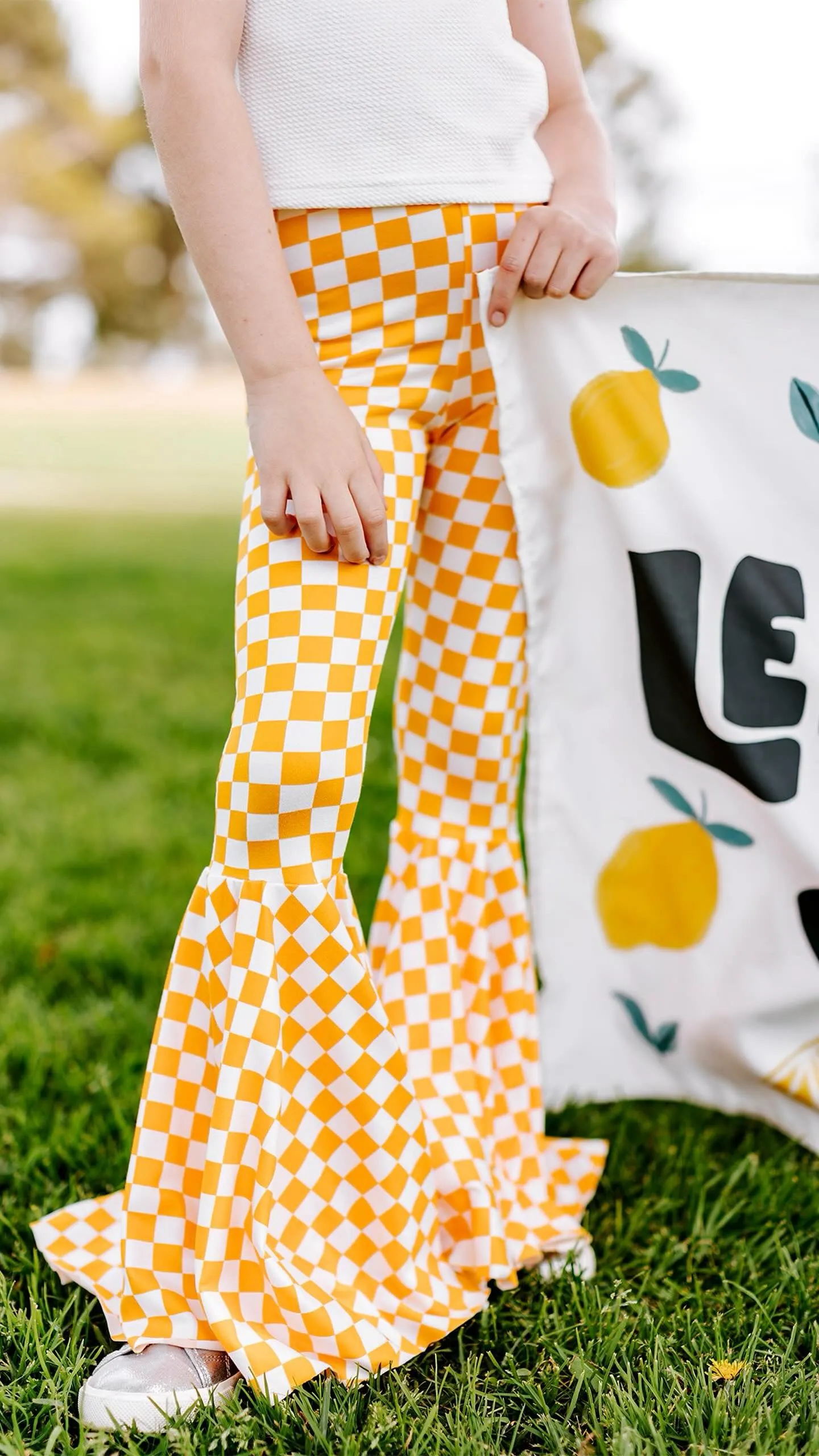 Yellow Mustard Checkered Print Bell Bottom Pants