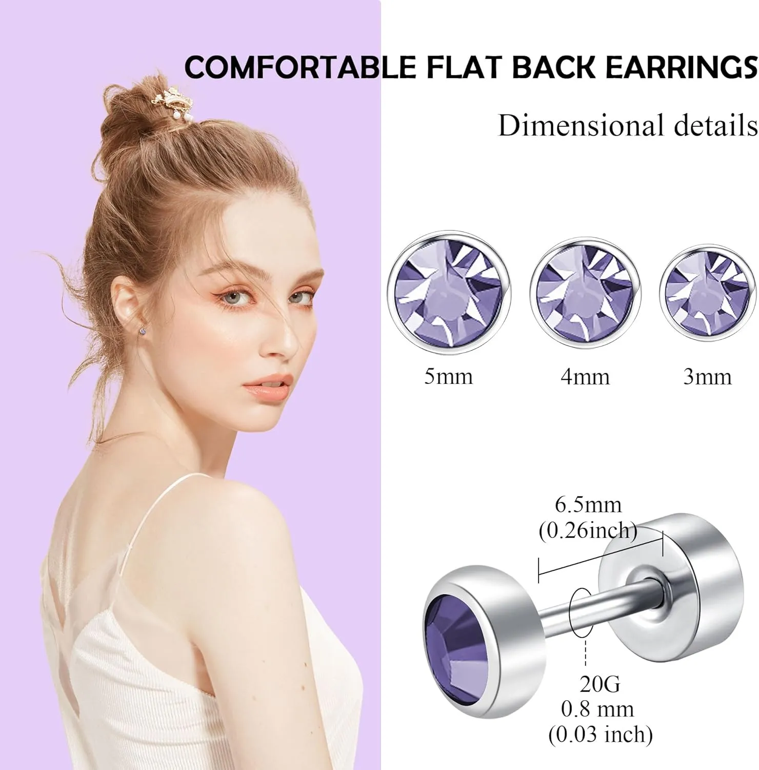 ZDE Titanium Women Flatback Earrings for Women Crystal Stud Earrings Flat Back Earrings Hypoallergenic Cartilage Flatback Earring Tragus Helix Tragus Conch Piercing 3mm-5mm