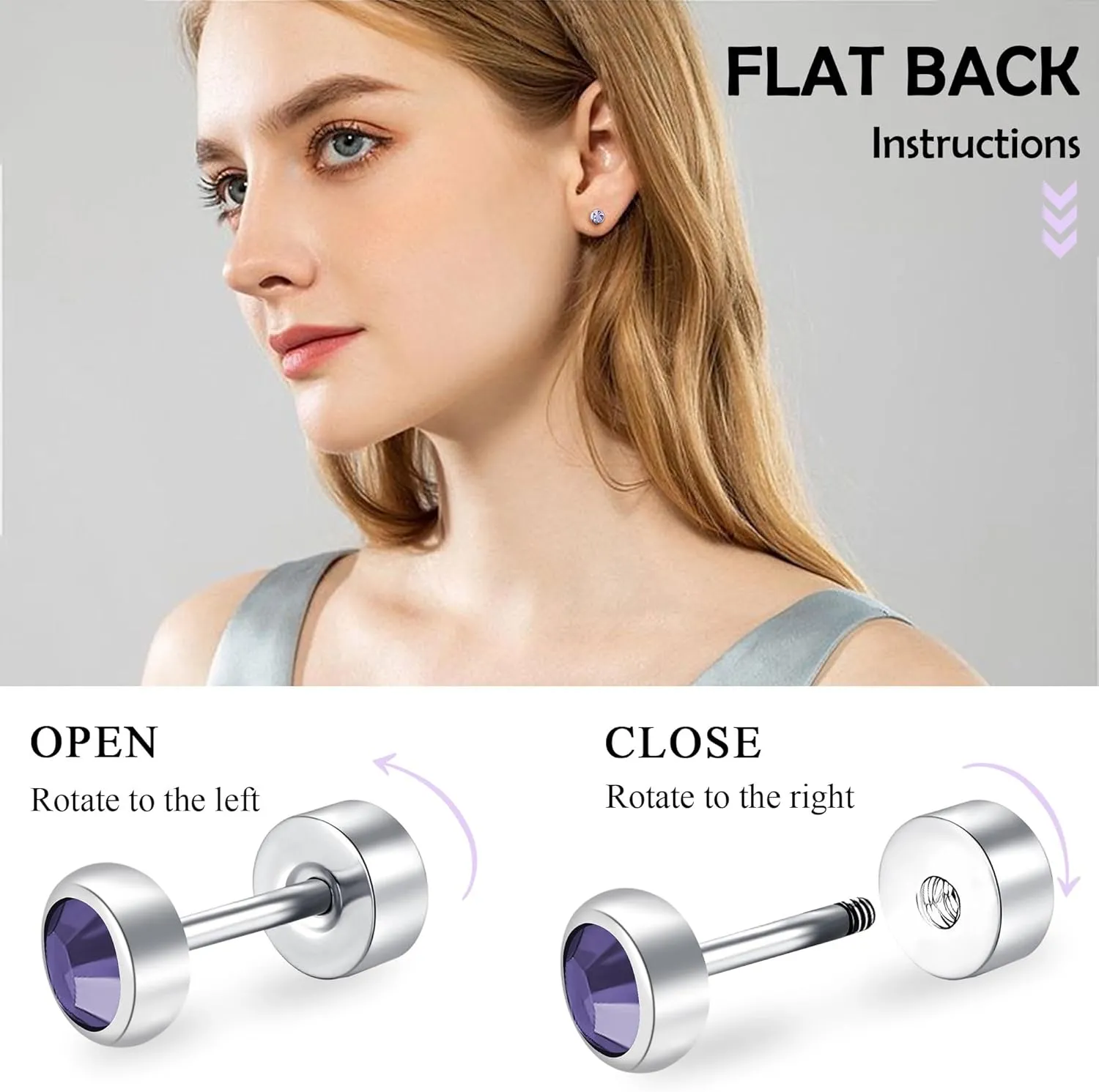 ZDE Titanium Women Flatback Earrings for Women Crystal Stud Earrings Flat Back Earrings Hypoallergenic Cartilage Flatback Earring Tragus Helix Tragus Conch Piercing 3mm-5mm